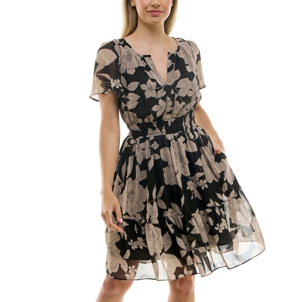 Taylor Mini Dress Size 12 Brown Black Smocked Chiffon Women's New Retail $79